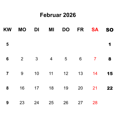 Kalenderblatt Februar 2026