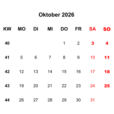 Kalenderblatt Oktober 2026