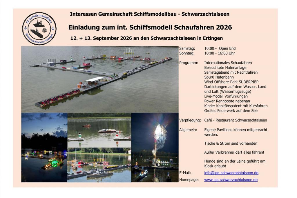 Internationales Schiffsmodell Schaufahren am 12. & 13. September 2026 an den Schwarzachtalseen in Ertingen