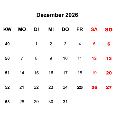 Kalenderblatt Dezember 2026